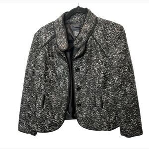 Sandro Sportswear Tweed Boucle Jacket Hidden Button Black  White Mockneck Funnel